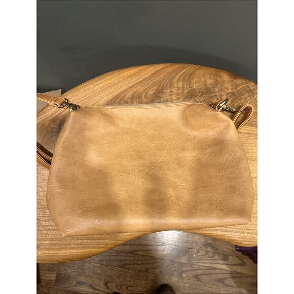 Leather Tan Purse Handbag Gold Accents Adjustable Straps - Picture 6 of 9